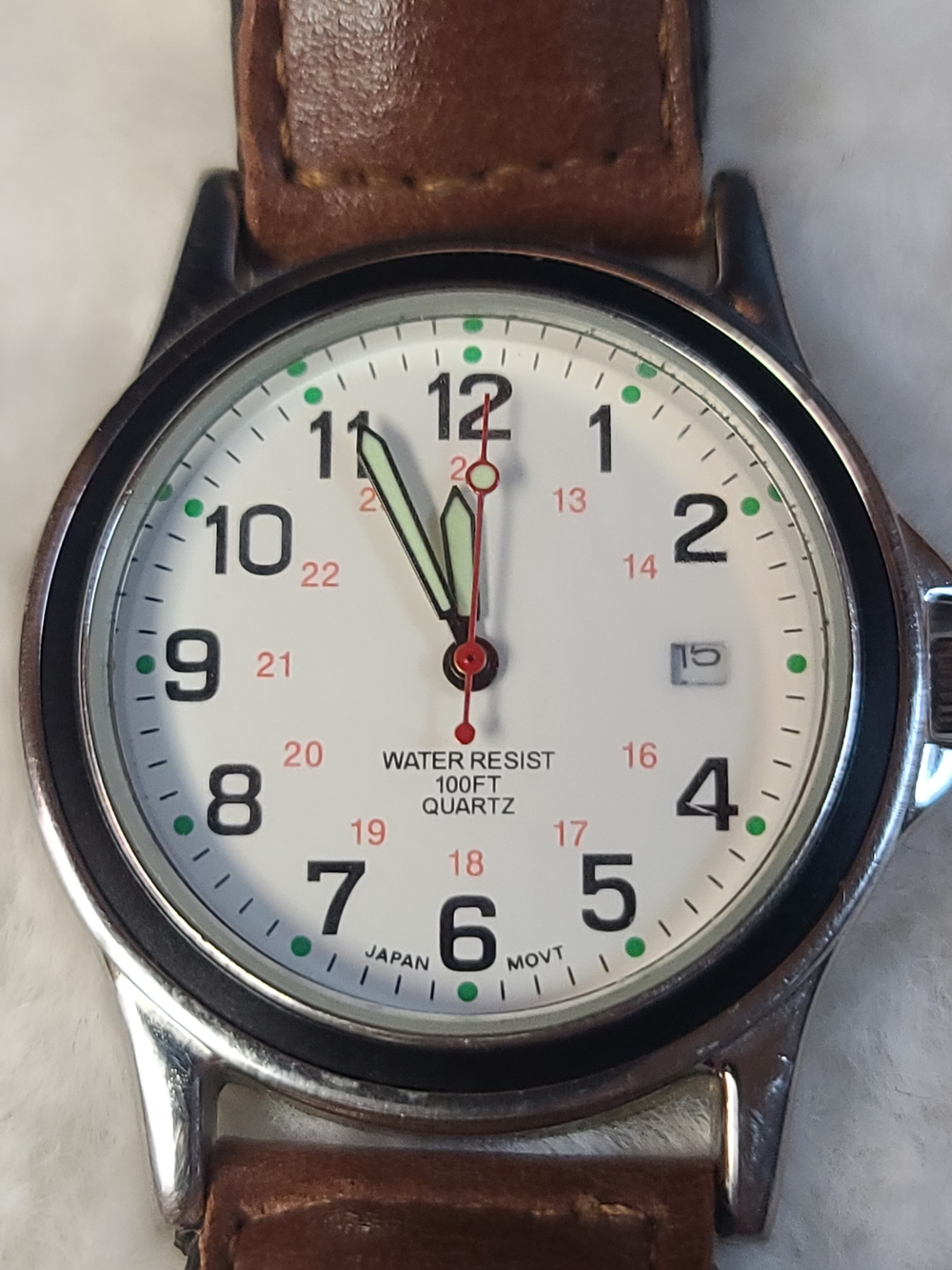 Source Unknown White Dial Watch with Brown Strap and Green Accents